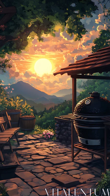 Sunlit mountain patio holds ceramic grill under vivid sky