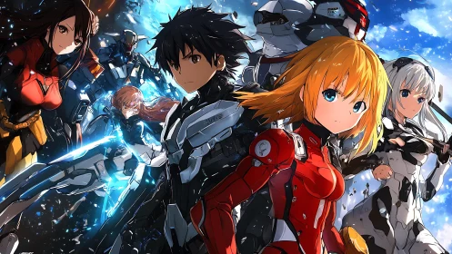 Mecha-clad anime squad in dynamic triadic battle formation.