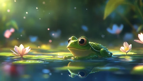 Green tree frog rests on reflective pond amid luminous bokeh