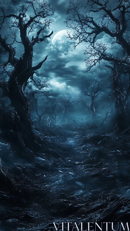 Moonlit haunted forest path under twisted barren trees.