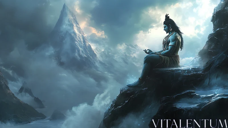 Solitary seated figure on high mountain ledge in clouds.