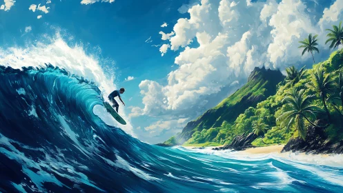 Storm-chasing surfer carves cobalt giants by lush island shores.