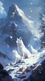 White wolves sharing quiet courage on a sunlit snowy peak.