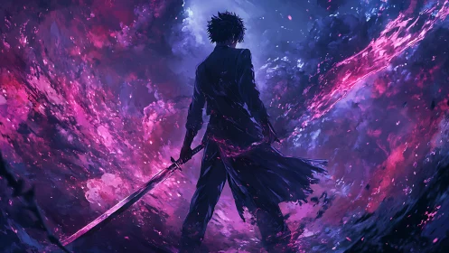 Backlit swordbearer amid bifurcated magenta energy storm.