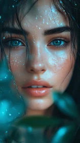 Iridescent blue gaze amid wet foliage in close portrait.