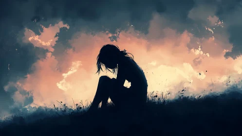 Silhouetted girl sitting alone against glowing sky.