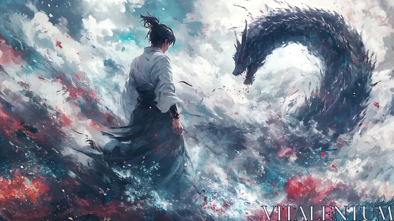 Samurai confronts serpentine storm dragon in turbulent brushwork