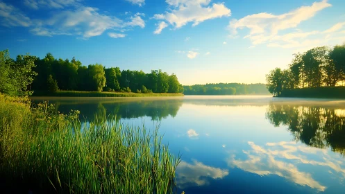 Calm freshwater lake with reed shore and treeline reflection.