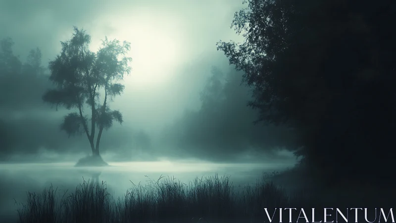 Mist-veiled lakeside tree under cyan nocturnal backlight.