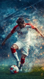 Dynamic soccer forward dribbling through fiery energy field.