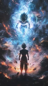 Cosmic warriors meet in a storm of glowing starlight.