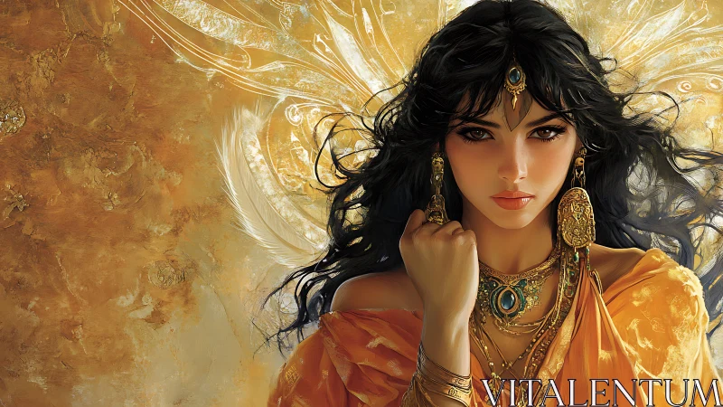 Regal fantasy woman stands against luminous golden backdrop