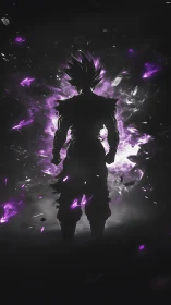 Backlit anime warrior silhouette with violet explosive aura