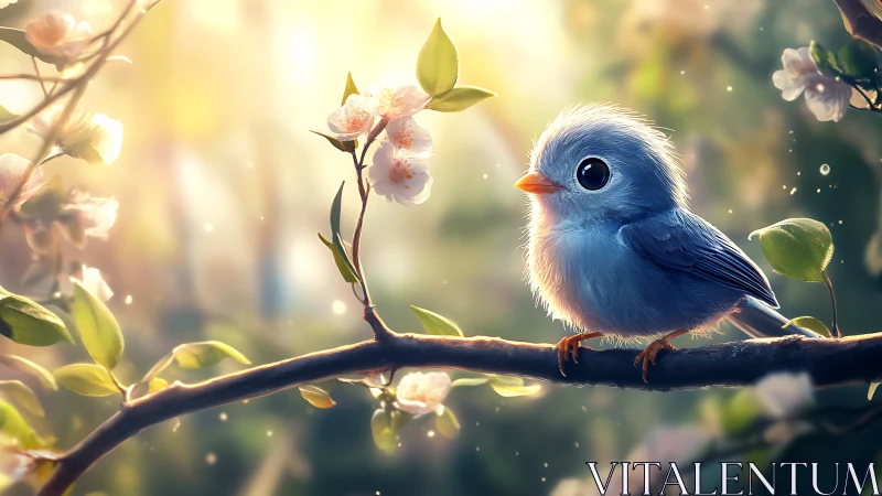 Cute blue bird on blooming branch in dreamy spring sunlight, digital art.