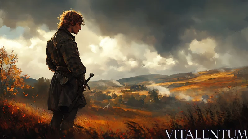 Autumn field sentinel observing smoke-plumed valley horizon.