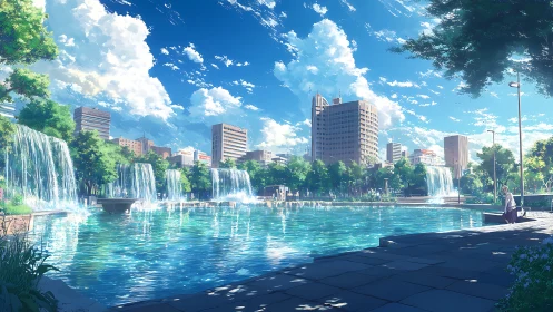 Urban park pool with cascading waterfalls and midrise skyline