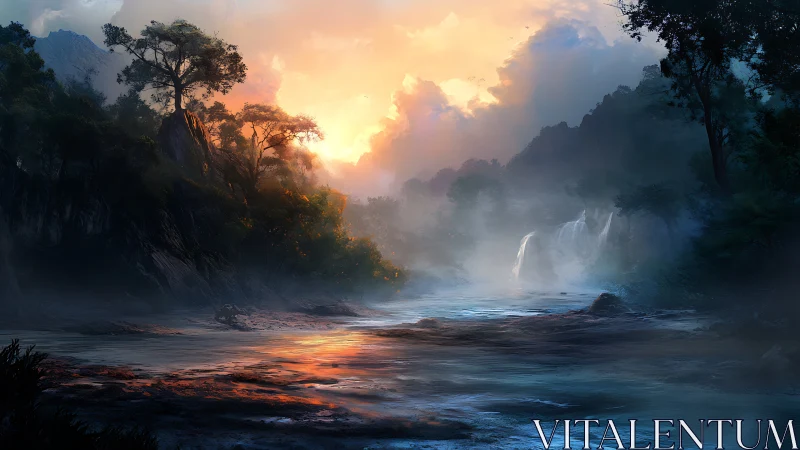 Sunrise river valley glowing with misty waterfalls and trees.
