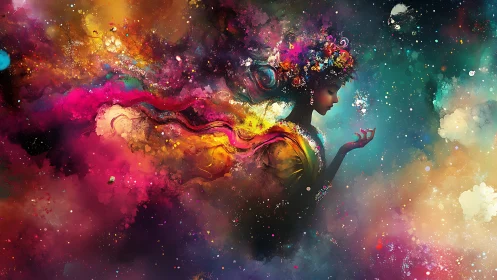 Silhouetted female figure within multicolored nebulous field.