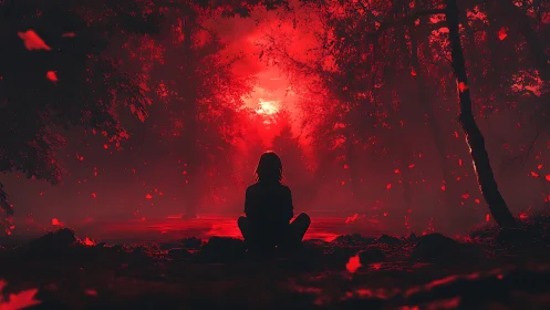 Silhouette meditating by crimson river under fiery forest sky