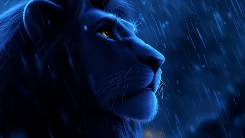 Side profile of blue-lit lion in rainfall at night.