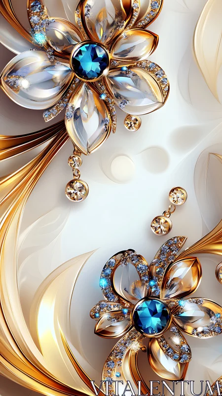 Ornate gold floral jewelry with faceted blue gemstones rendered