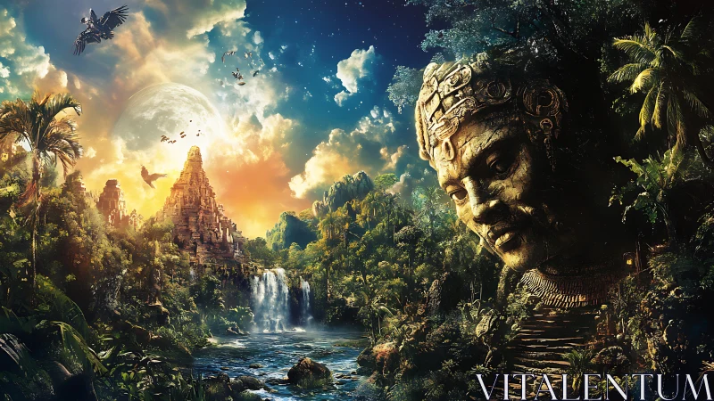 Mythic jungle temple with colossal stone head and twin waterfalls