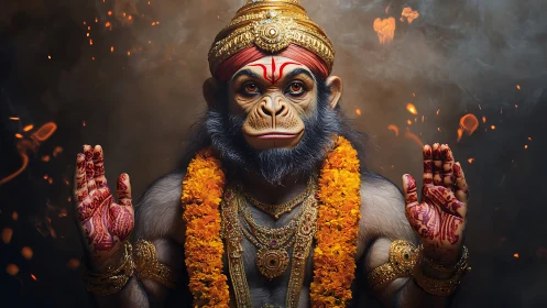 Monkey-headed deity figure poses with both hands raised