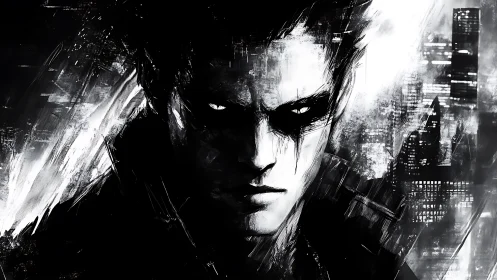 Noir cyber-sentinel in fractured monochrome cityscape glare.