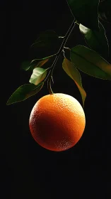 Sunlit orange hangs like a quiet planet in orchard night