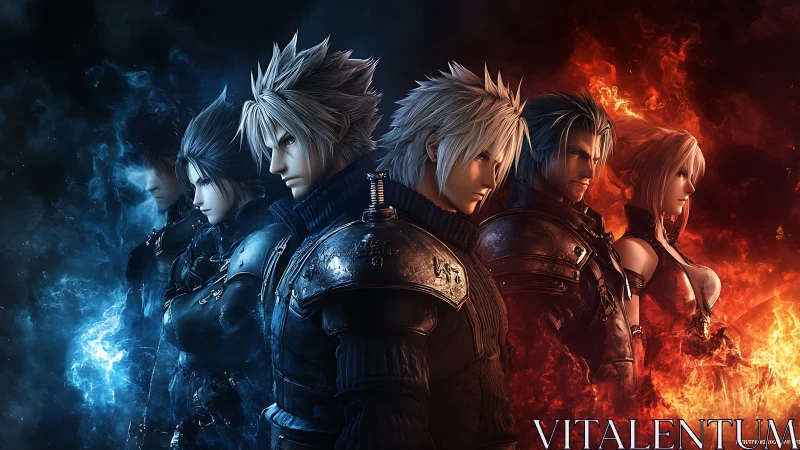 Fantasy warriors stand between blue energy and red fire