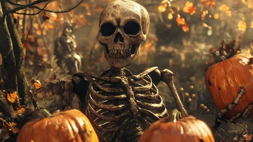 Cinematic 3D skeleton vignette amid autumn pumpkins and haze.