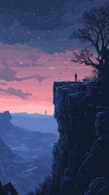 Solitary human figure stands on cliff edge under twilight sky