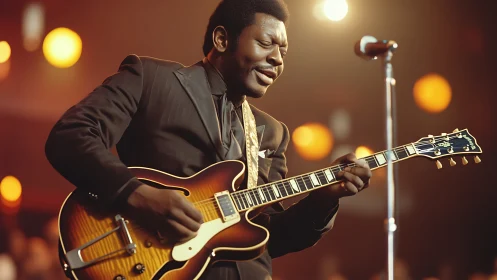 Soulful blues guitarist immersed in warm stage lights.