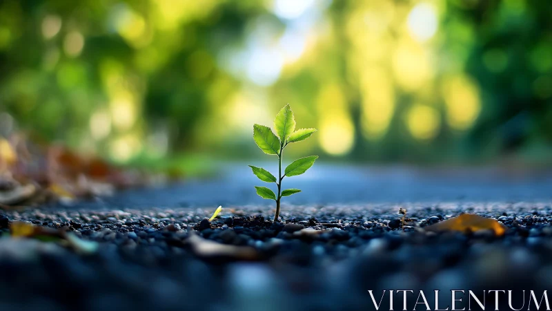 Small plant grows through asphalt surface in shallow focus