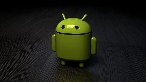 Glossy green android robot rendered on dark textured floor