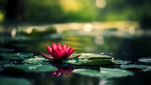 Solitary red water lily glows softly on tranquil pond.