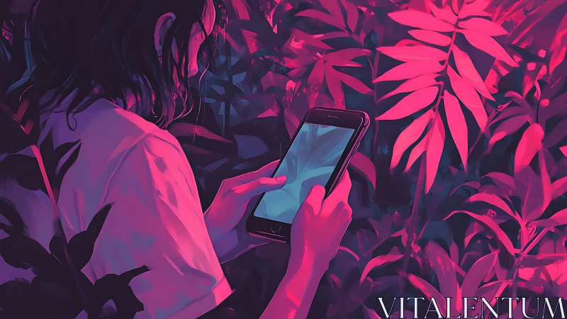 Soft neon glow surrounds a quiet moment with nature and tech.