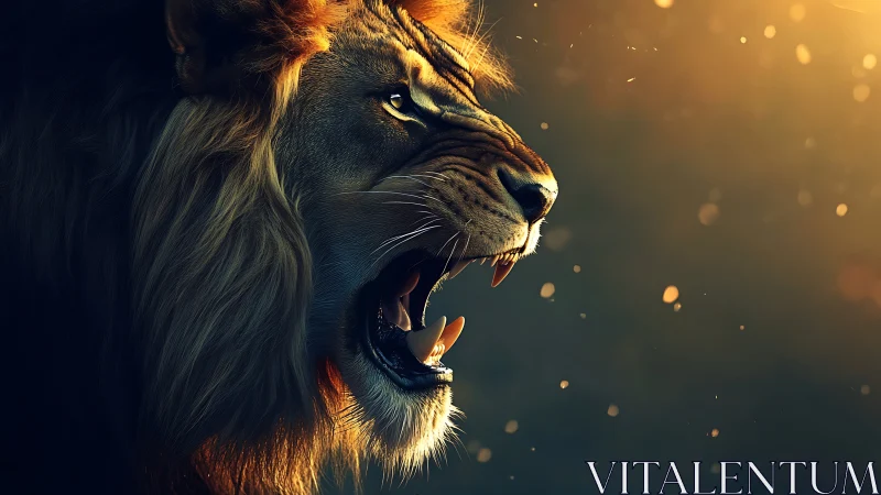 Side profile of roaring lion in directional light.