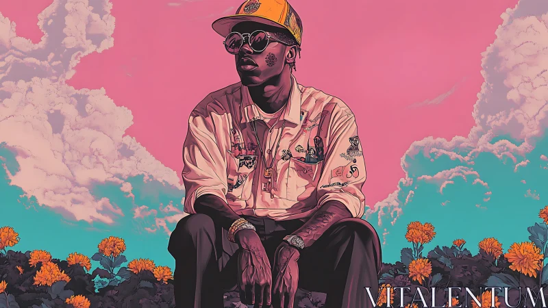 Bold dreamer rests in a neon sky garden of golden blooms