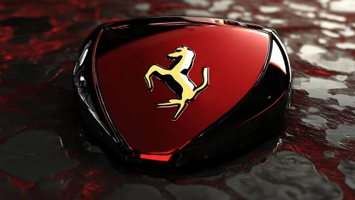 Chrome-red racing crest glows over wet obsidian street.