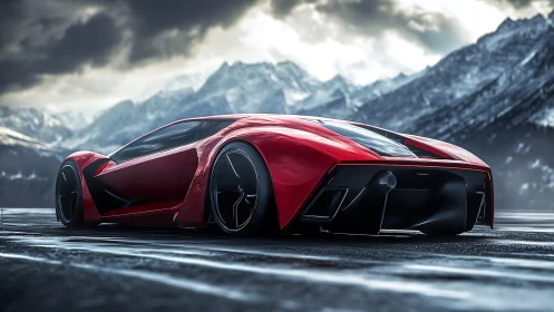 Low red hypercar dominates icy mountain pass landscape