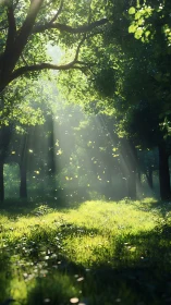 Gentle sunbeams dancing through a peaceful green forest.