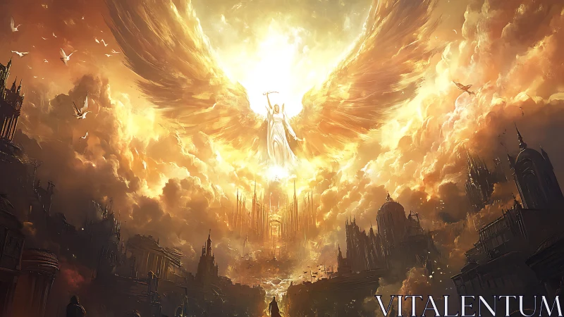 Radiant angelic figure above burning golden fantasy city.