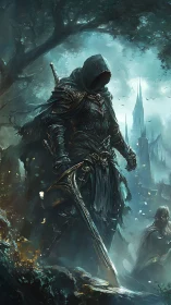 Hooded dark knight stalks a misty ruined citadel at dusk