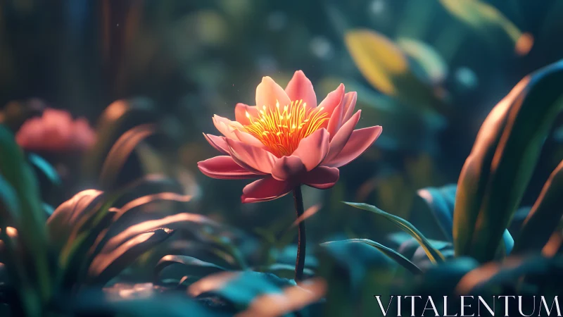 Pink Lotus Flower with Golden Center in Soft Focus.