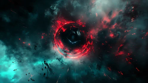 Accretion vortex with crimson plasma ring and void core