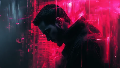 Side profile male figure in neon red cyber backdrop.