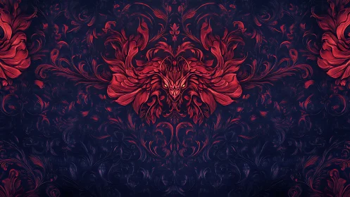 Crimson floral dragon emerges from swirling midnight foliage.