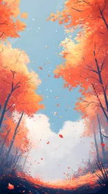 Autumn Canopy: Luminous Falling Leaves Against Clear Sky.