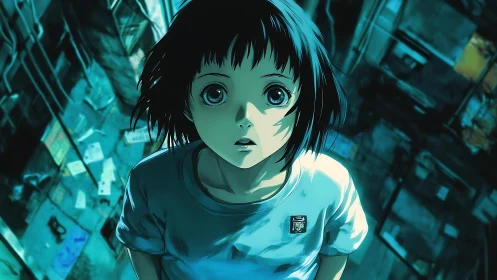 Wide eyed girl stands in a moody teal urban dreamscape